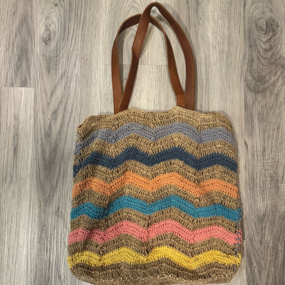 ANABAGLISH Multicolor Striped Jute Tote Bag With Leather Handle - Picture 1 of 7